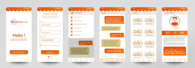 Design of mobile app Chat room, UI, UX, GUI. Set of user registration screens with login and password input, account sign in, sign up, home page. Modern Style. Minimal Application. UI Design Template