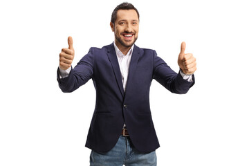 Poster - Smiling handsome man showing thumbs up in front of camera