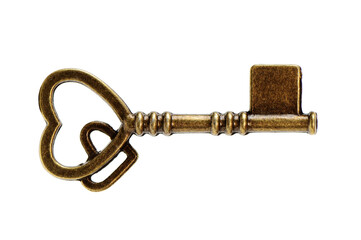 Wall Mural - A single old brass key against a white background