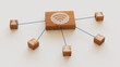 © RocknRoller Studios - Wireless Technology Concept with wifi Symbol on a Wooden Block. User Network Connections are Represented with Blue string. White background. 3D Render.