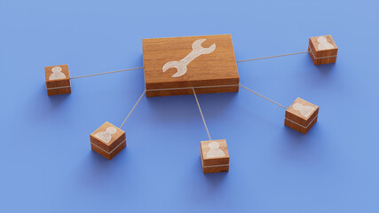 Configure Technology Concept with tool Symbol on a Wooden Block. User Network Connections are Represented with White string. Blue background. 3D Render.
