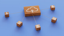 Data Storage Technology Concept With Cloud Upload Symbol On A Wooden Block. User Network Connections Are Represented With White String. Blue Background. 3D Render.