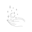 Ręce trzymające półksiężyc. Mistyczny gest w minimalistycznym stylu z księżycem i gwiazdami. Ezoteryczne elementy do wykorzystania do logo, na kartki ślubne, tatuaż. Ilustracja wektorowa w stylu boho.