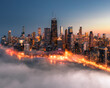Chicago gold coast aerial view on a foggy sunset