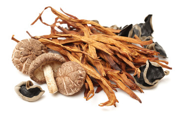 Sticker - Dried Lily Buds and shiitake on white background