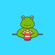 Cute frog eating ramen noodles. Animal cartoon concept isolated. Can used for t-shirt, greeting card, invitation card or mascot. Flat Cartoon Style