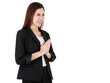 © Bangkok Click Studio - Asian beautiful business working woman with long hair wearing formal suit, confidently smiling, doing gesture of paying respect or greeting with isolated white background cutout and blank copy space.
