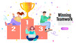 © 365 days studio - Business teamwork winner concept. People holding the golden trophy to celebrate the team's victory. Success and achievement concept. Vector graphics.