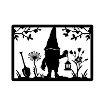 Metal Garden Sign For Garden With Gnome And Flowers And Shovel. Laser Cutting. Vector. Eps	
