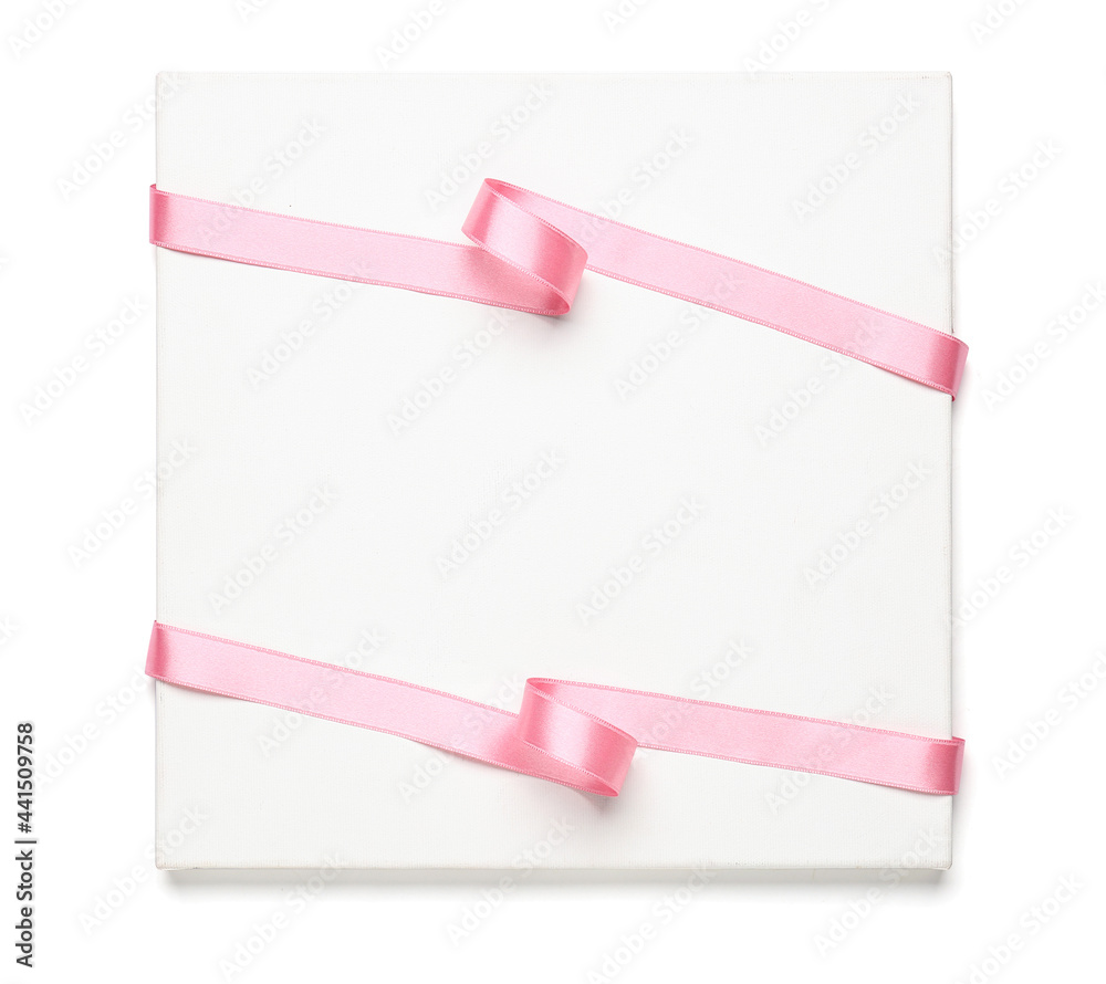 Blank card with beautiful pink ribbons on white background