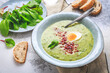 Creamy sorrel soup with egg and bacon bits