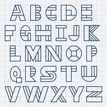 Geometric font. Latin alphabet. Letters for advertising and logos. Each letter is made up of geometric elements - rectangles, triangles and circles. Linear outline symbols set.