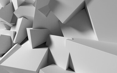 Poster - Abstract background with white 3D shapes flying in the light as a messy array or chaotic structure for any pastel backdrop. 3D illustration.