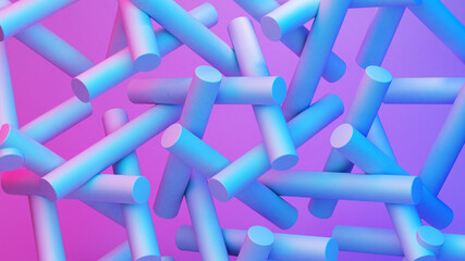 Poster - Scientific or technology abstractions with canes, sticks or rods flying in surreal symmetric structure. Abstract background with purple and blue neon tech structure. 3D illustration