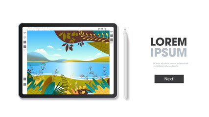 Poster - graphic tablet with beautiful landscape wallpaper on screen isolated on white background