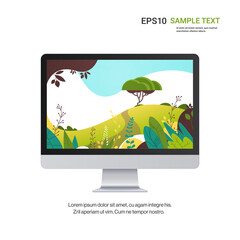 Poster - monitor with beautiful landscape wallpaper on screen isolated on white background realistic mockup devices