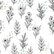 Seamless cute floral vector pattern with plant and flowers. Flower background.