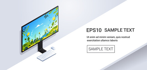 Poster - desktop computer monitor with keyboard and mouse realistic mockup gadgets and devices concept