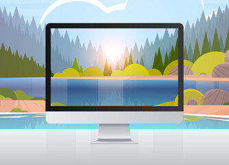 Poster - transparent monitor screen landscape background realistic gadgets and devices concept