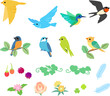 様々な小鳥と葉や花のデコレーションイラスト