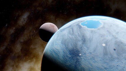 super-earth planet, realistic exoplanet, planet suitable for colonization, earth-like planet in far space, planets background 3d render	