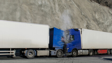 Truck accident. Two trucks in frontal collision. No logo, brand.