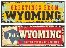 Wyoming United States Retro Souvenir Card Template Design. Vintage Sign Layout For USA States. Wyoming Vector Posters Set. Greetings From Wyoming.