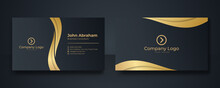 Set Of Black Gold Modern Business Card Print Templates. Personal Visiting Card With Company Logo. Vector Illustration. Stationery Design With Simple Modern Luxury Elegant Abstract Pattern Background