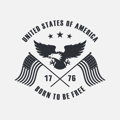 Black and gray illustration of an eagle, crossed flags, stars, text on a background with a grunge texture. Vector illustration in vintage style for poster, emblem, sticker, label, badge. USA symbol.