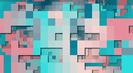 Poster - Coral and azure abstract 3d urban backdrop, pixel art. Random colorful mosaic, industrial decor