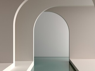 Aufkleber - 3d render. Minimal interior scene to show beauty products. Empty scene with minimalistic shapes, arches in the background, and water, minimalistic geometrical forms. Pastel colors. 