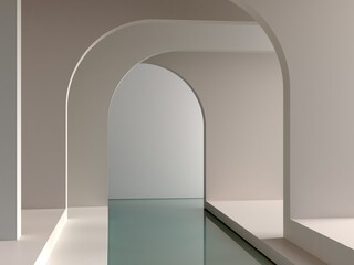 Aufkleber - 3d render. Minimal interior scene to show beauty products. Empty scene with minimalistic shapes, arches in the background, and water, minimalistic geometrical forms. Pastel colors. 
