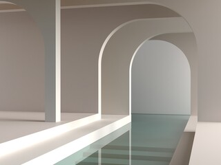 Aufkleber - 3d render. Minimal interior scene to show beauty products. Empty scene with minimalistic shapes, arches in the background, and water, minimalistic geometrical forms. Pastel colors. 
