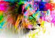 colorful artistic lion muzzle with bright paint splatters on dark background.