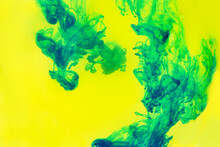 Macro Paint Creative Unique Image. Print, Digital Artwork, Wallpaper, Backgrounds, Banners, Cards, Websites, Creative Imaginative Fun. Oil Mixed With Dye, Paint, Macro Images. Green, Neon Yellow Color