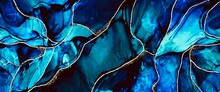 Modern Abstract Background Made With Alcohol Ink Technique, Gold Paths Design, Ocean Idea With Classic Blue Accent, Luxury Hand Painted Art, For Wallpapers And Print