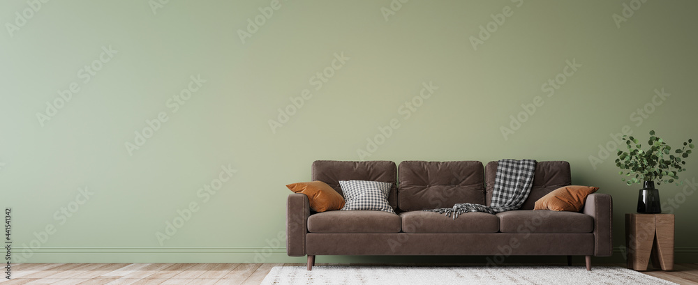 Simple minimal modern style interior, brown sofa on green wall background, 3d render - obrazy, fototapety, plakaty 