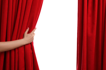 Woman opening red front curtains on white background, closeup