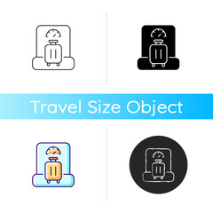 Sticker - Baggage weight icon. Luggage weighing in airport. Traveller suitcase check. Essential things for tourist. Travel size objects. Linear black and RGB color styles. Isolated vector illustrations