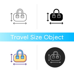 Sticker - Hand luggage size icon. Measuring baggage for flight passenger. Portable amenities. Essential things for tourist. Travel size objects. Linear black and RGB color styles. Isolated vector illustrations