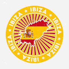 Wall Mural - Ibiza round stamp. Logo of island with flag. Vintage badge with circular text and stars, vector illustration.