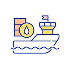 Sticker - International freight shipping RGB color icon. Carrying liquid cargo. Fuel tanks. Petroleum products delivery. Isolated vector illustration. Transportation logistics simple filled line drawing