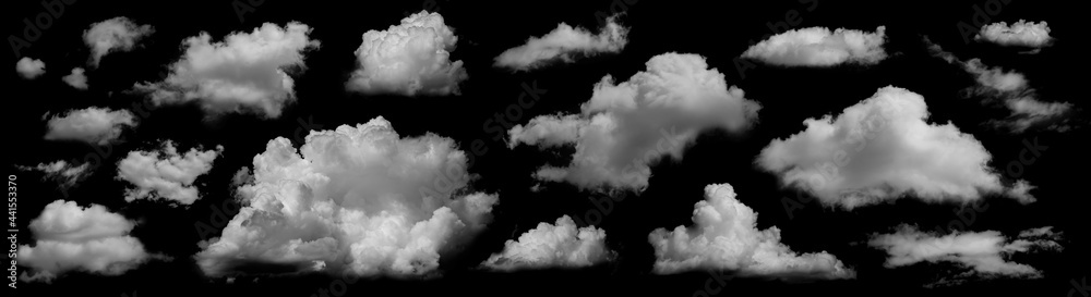Clouds set isolated on black background. White cloudiness, mist or smog background. Collection of different clouds. - obrazy, fototapety, plakaty 