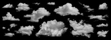Clouds Set Isolated On Black Background. White Cloudiness, Mist Or Smog Background. Collection Of Different Clouds.