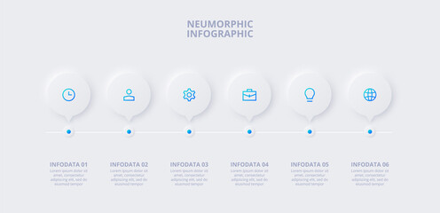 Neumorphic infographic timeline design template. Business data visualization with 6 options. Concept of development process