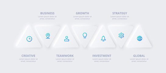 Seven horizontal neumorphic triangles. Concept of 7 options of business development process. Timeline vector illustration. Infographic elements