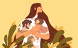 Happy woman feeling love, affection and emotional attachment to her family. Positive inner emotions to dear and close people. Concept of good healthy relations. Colored flat vector illustration