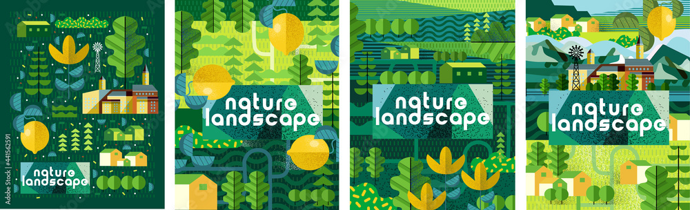 Nature and landscape. Vector art abstract illustration of village, trees, bushes, lemon, flowers, houses for poster, background or cover. Agriculture and garden - obrazy, fototapety, plakaty 