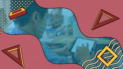 Poster - Animation of retro abstract shapes and connections over man using tablet