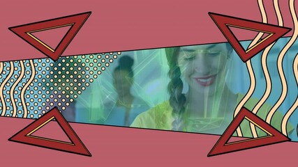 Poster - Animation of abstract shapes spinning over woman using tablet